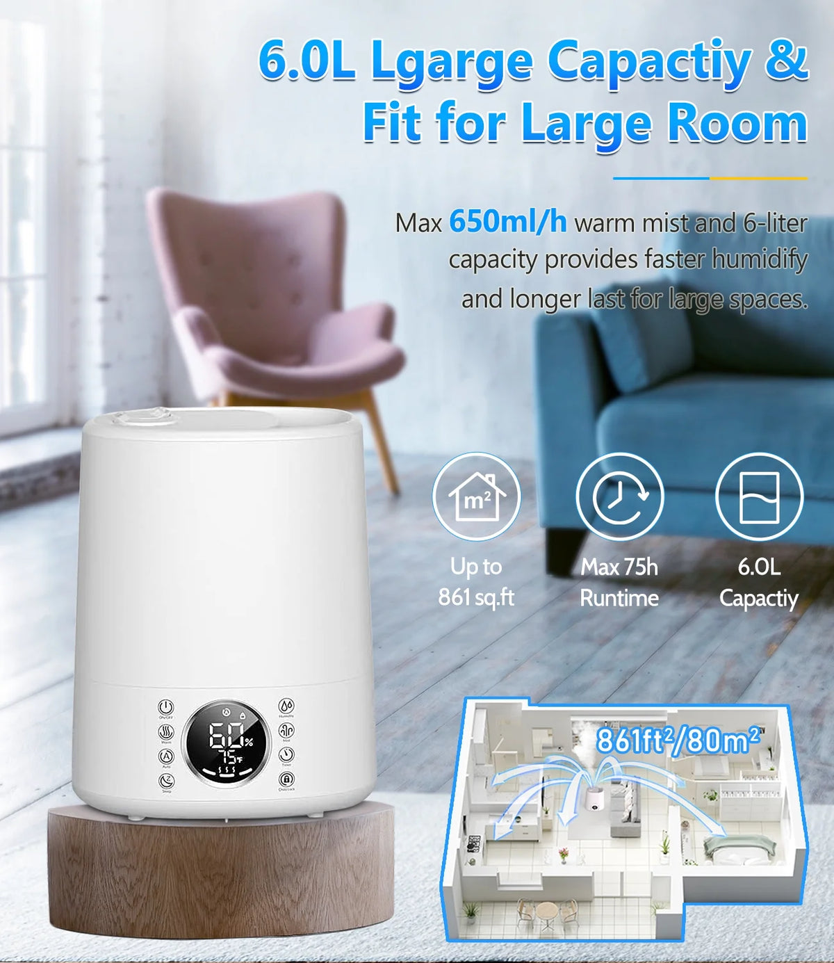 Warm and Cool Mist Top Fill Ultrasonic Humidifier with Remote B907978