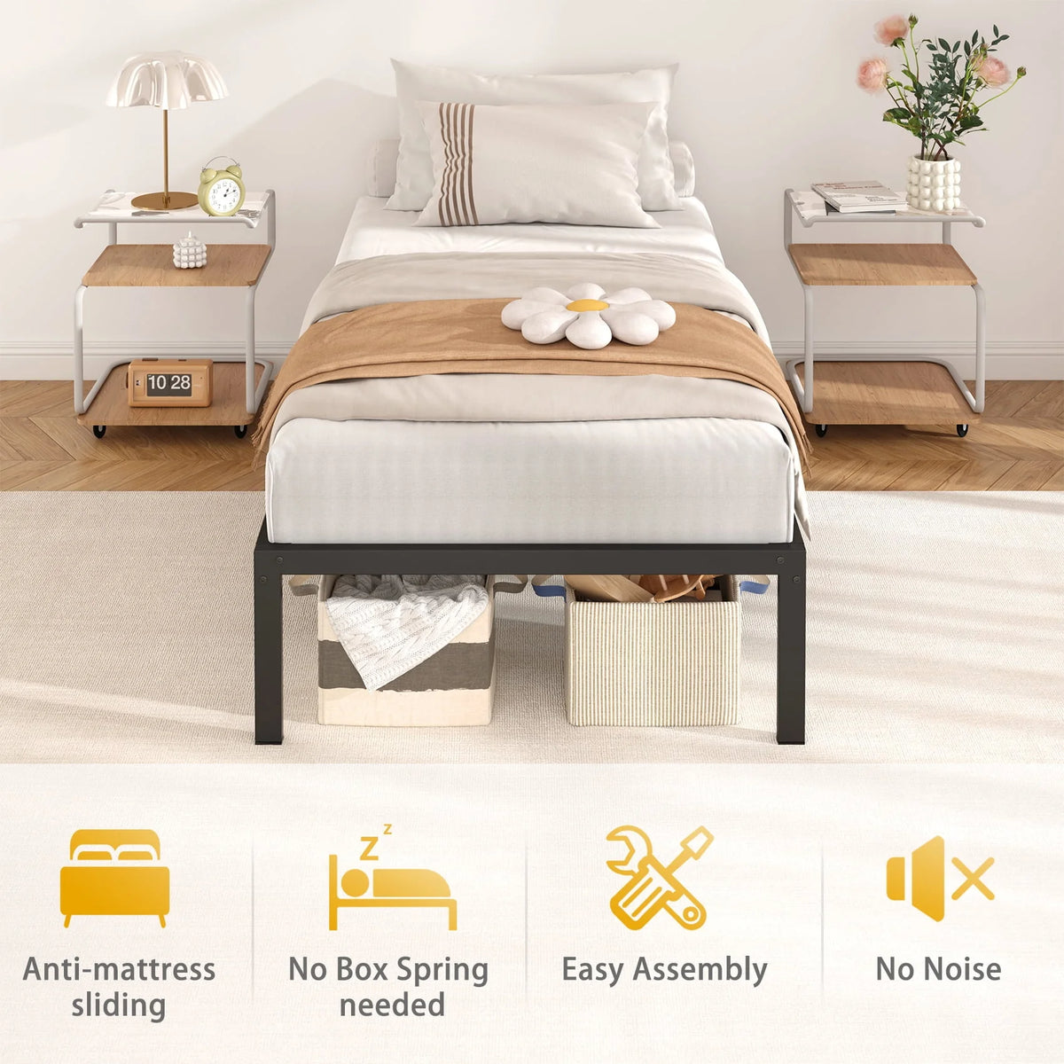 Heavy Duty Queen Size Metal Platform Bed Frame with 14 inch Under Bed Storage, Black B895