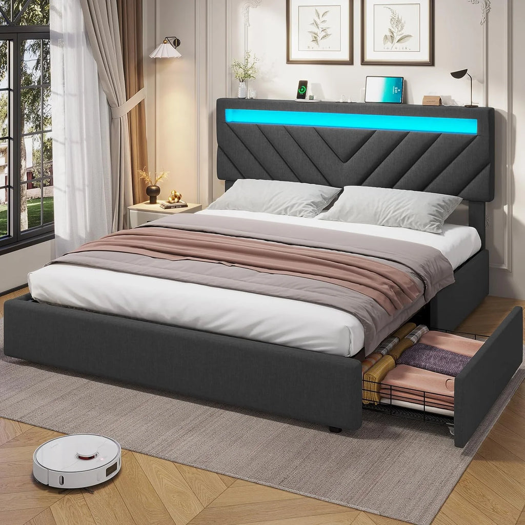 Queen Size LED Upholstered Platform Bed Frame with Drawers U455167