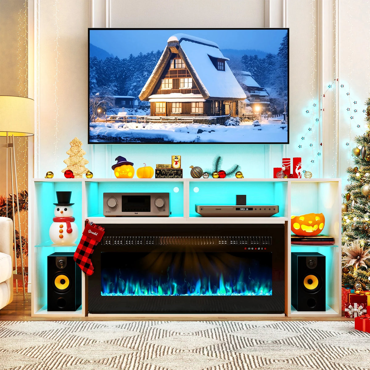 White Entertainment Center with Electric Fireplace and 42 Fireplace M7502