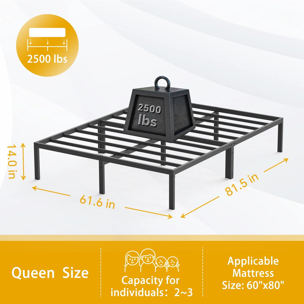 Heavy Duty Queen Size Metal Platform Bed Frame with 14 inch Under Bed Storage, Black B895