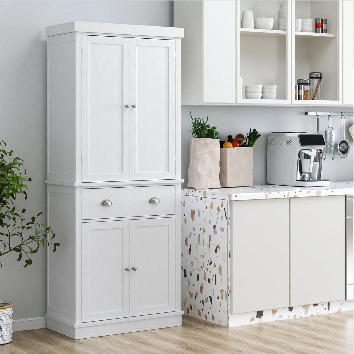 White 72.4'' Tall Wood Kitchen Pantry with 4 Doors T1553