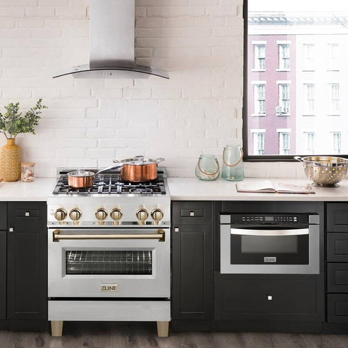 4 Burner Dual Fuel Range in Stainless Steel and Polished Gold W833