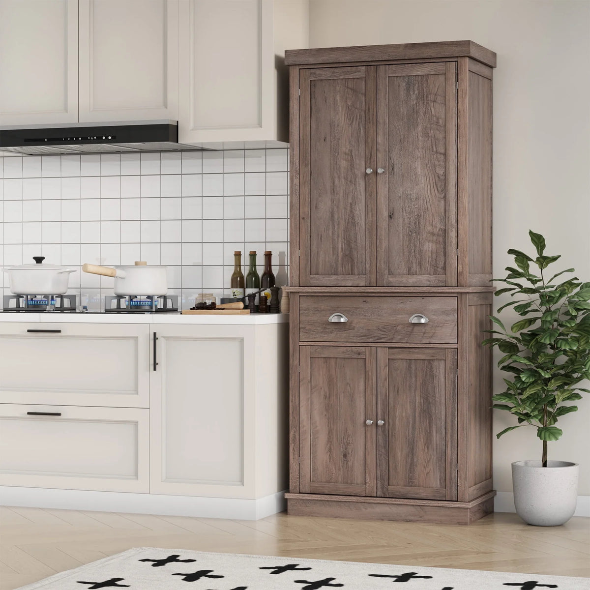 White 72.4'' Tall Wood Kitchen Pantry with 4 Doors T1553