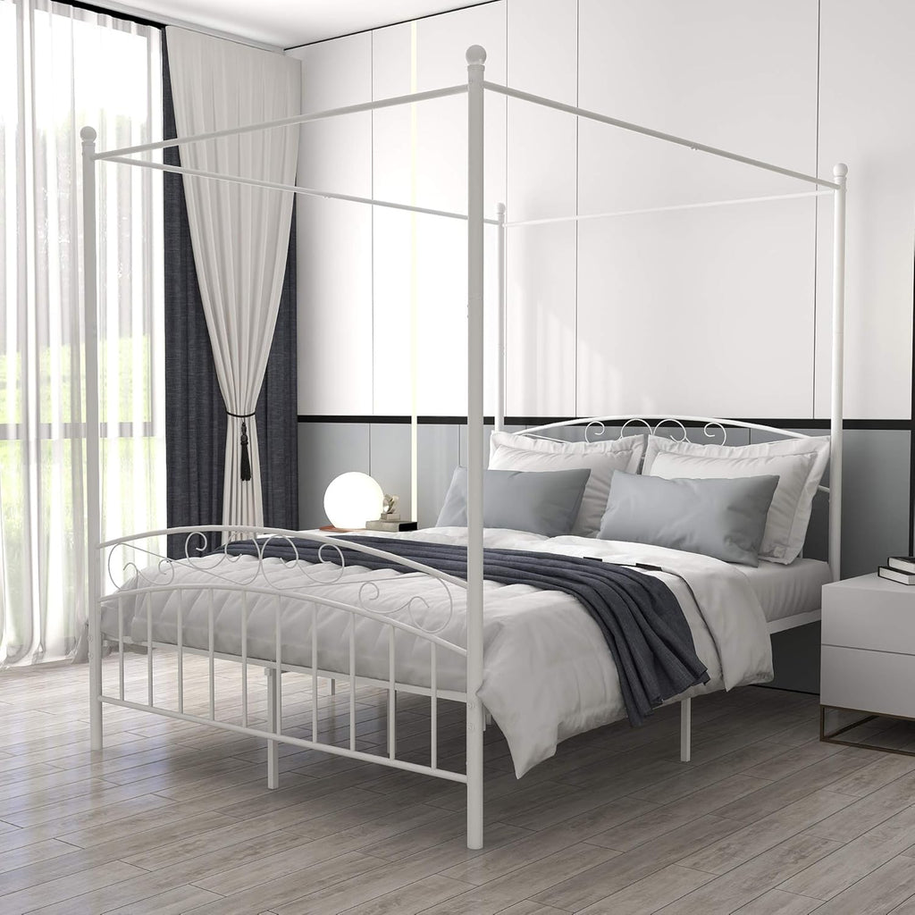 White Full Size Metal Canopy Bed Frame with Headboard and Footboard I66069