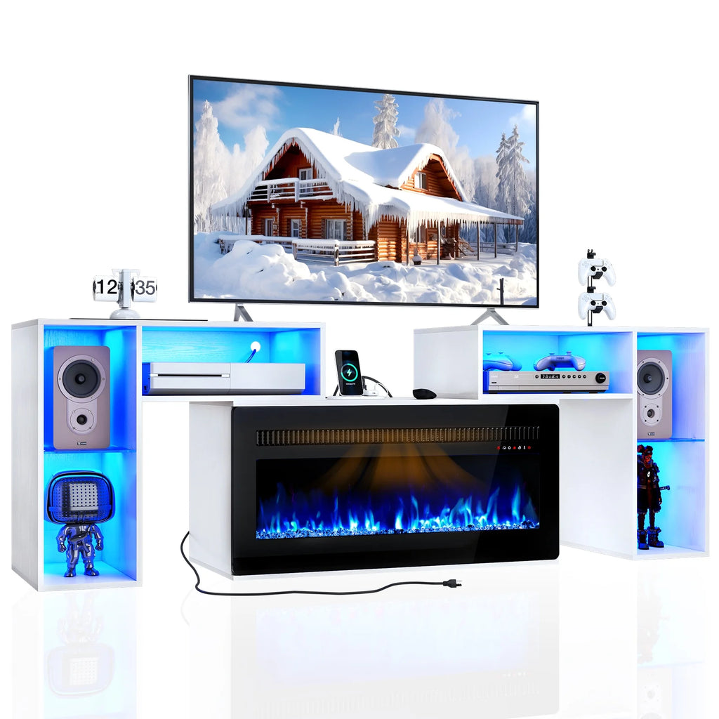 White Entertainment Center with Electric Fireplace and 42 Fireplace M7502