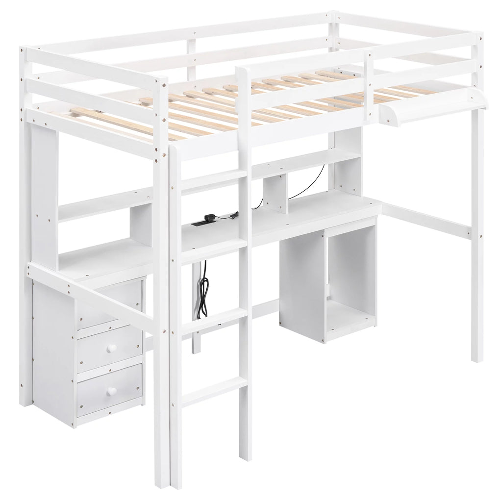 White Twin Size Loft Bed with Built-in Desk and 3 Drawers S8746