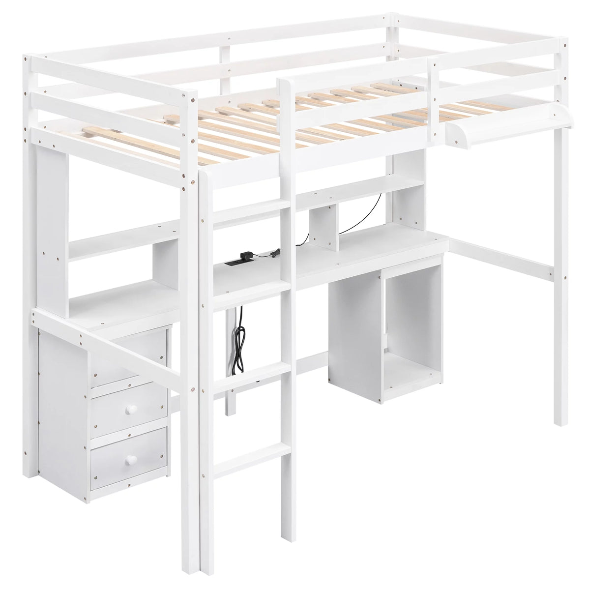 White Twin Size Loft Bed with Built-in Desk and 3 Drawers S8746