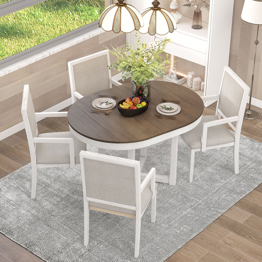 5 Piece Round Extendable Wood Dining Table Set with 4 Upholstered Chairs M852
