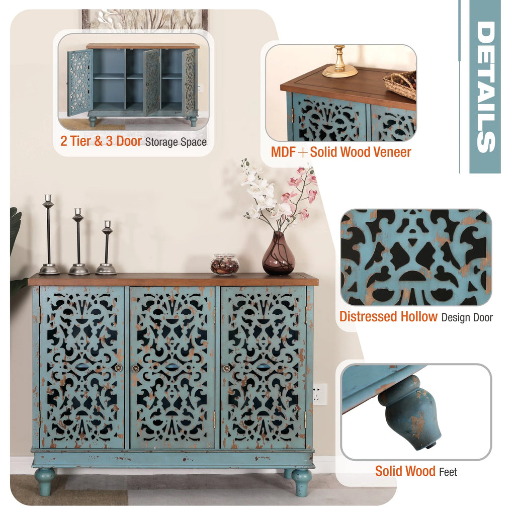 3-Door Hollow-Carved Sideboard Accent Cabinet D497