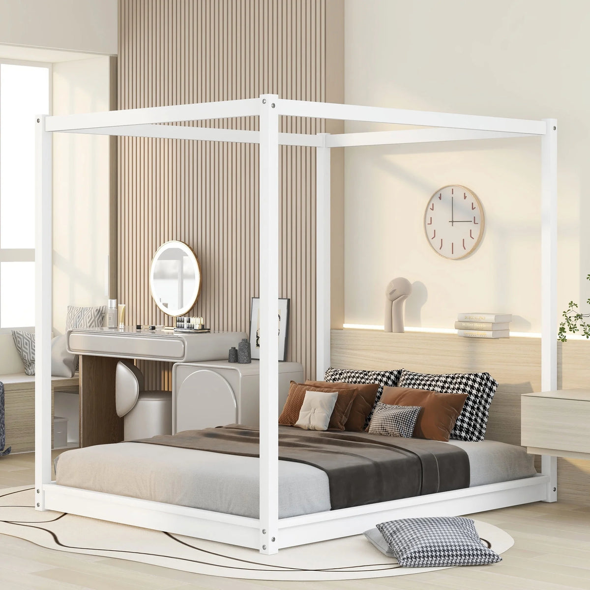 White Queen Size Wood Canopy Bed Frame with Headboard Y671