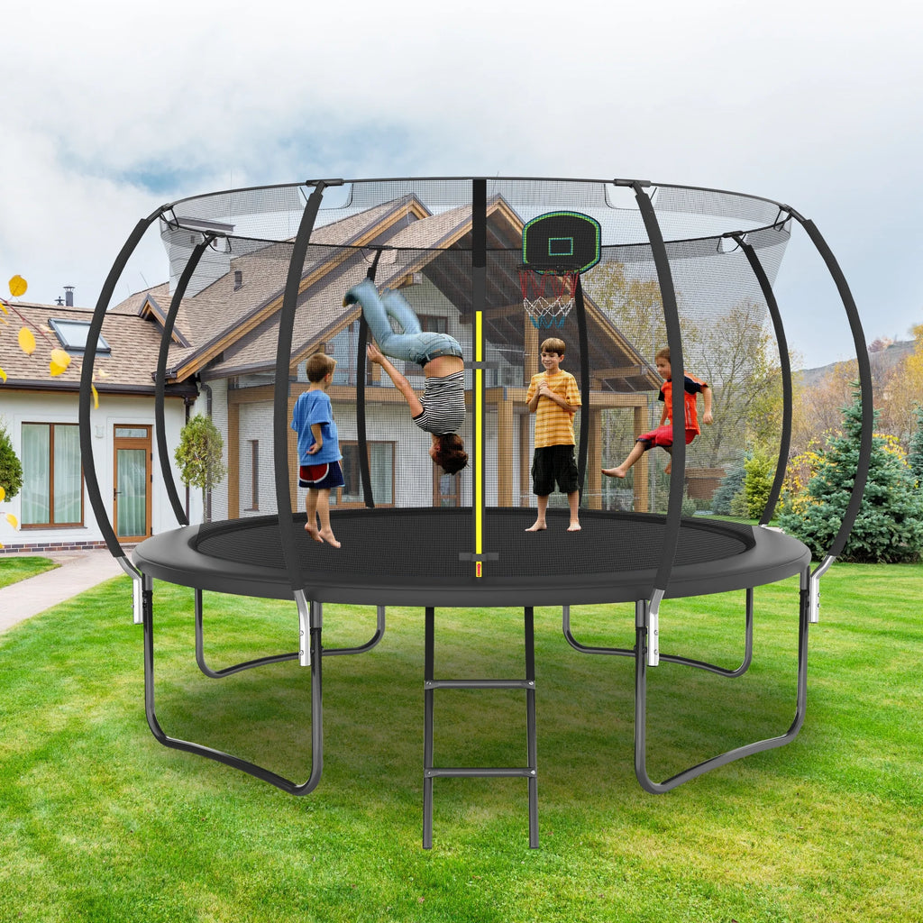 12FT Trampoline with Basketball Hoop and Safety Enclosure Net Y982