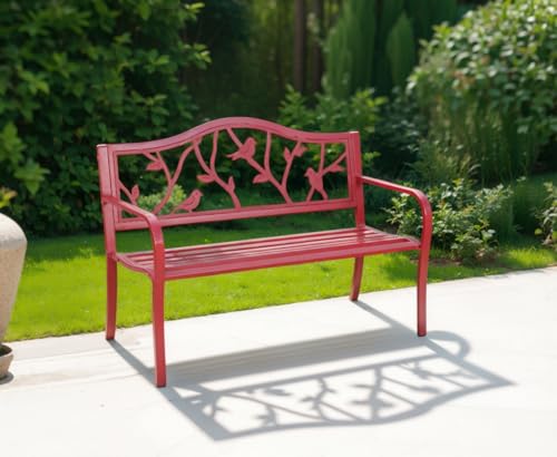 50 Inches Cast Iron Metal Patio Bench with Floral Pattern Backrest O77274