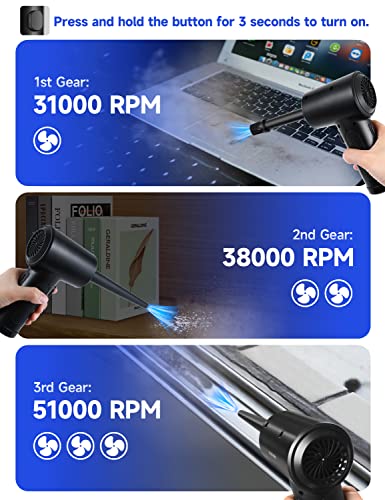Compressed Air Duster 3-Gear 51000RPM Cordless Rechargeable LED Light Black Y927723