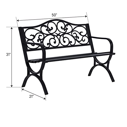 50 Inches Cast Iron Metal Patio Bench with Floral Pattern Backrest O77274