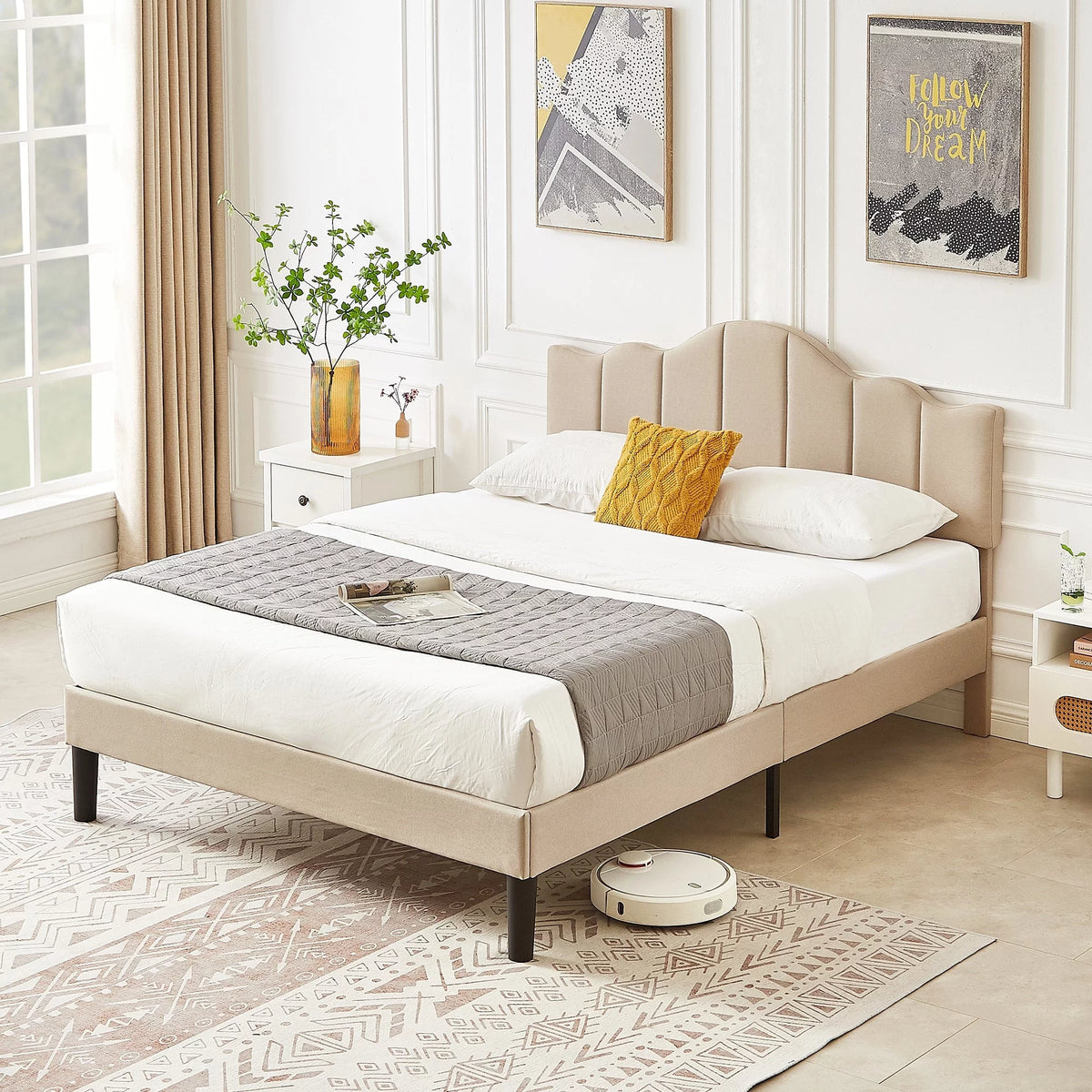 Upholstered Bed Frame with Adjustable Headboard Beige Full W260894