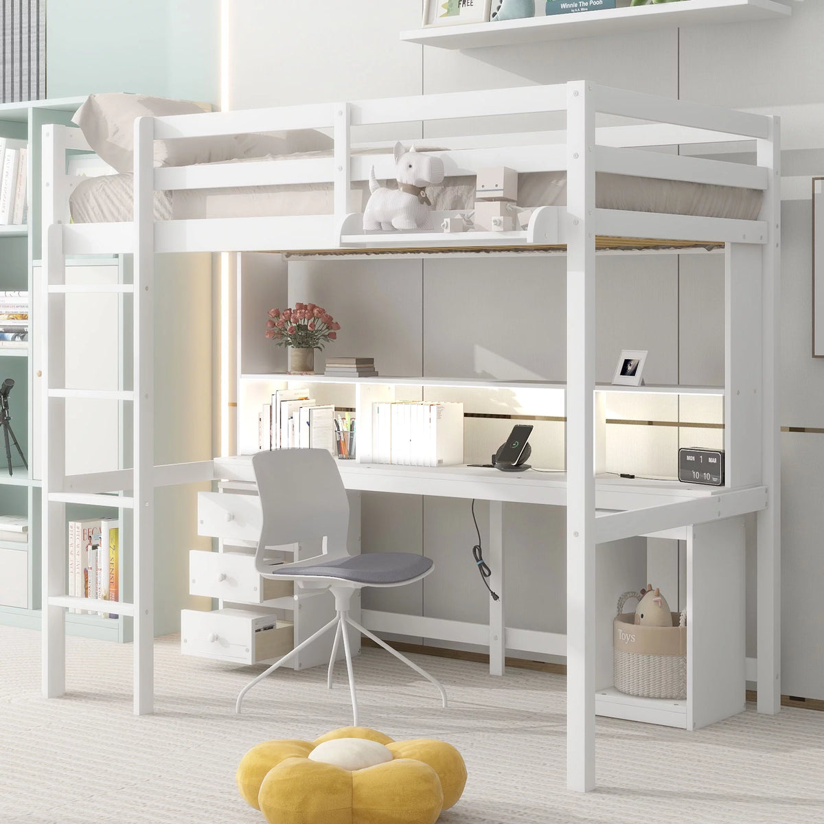 White Twin Size Loft Bed with Built-in Desk and 3 Drawers S8746