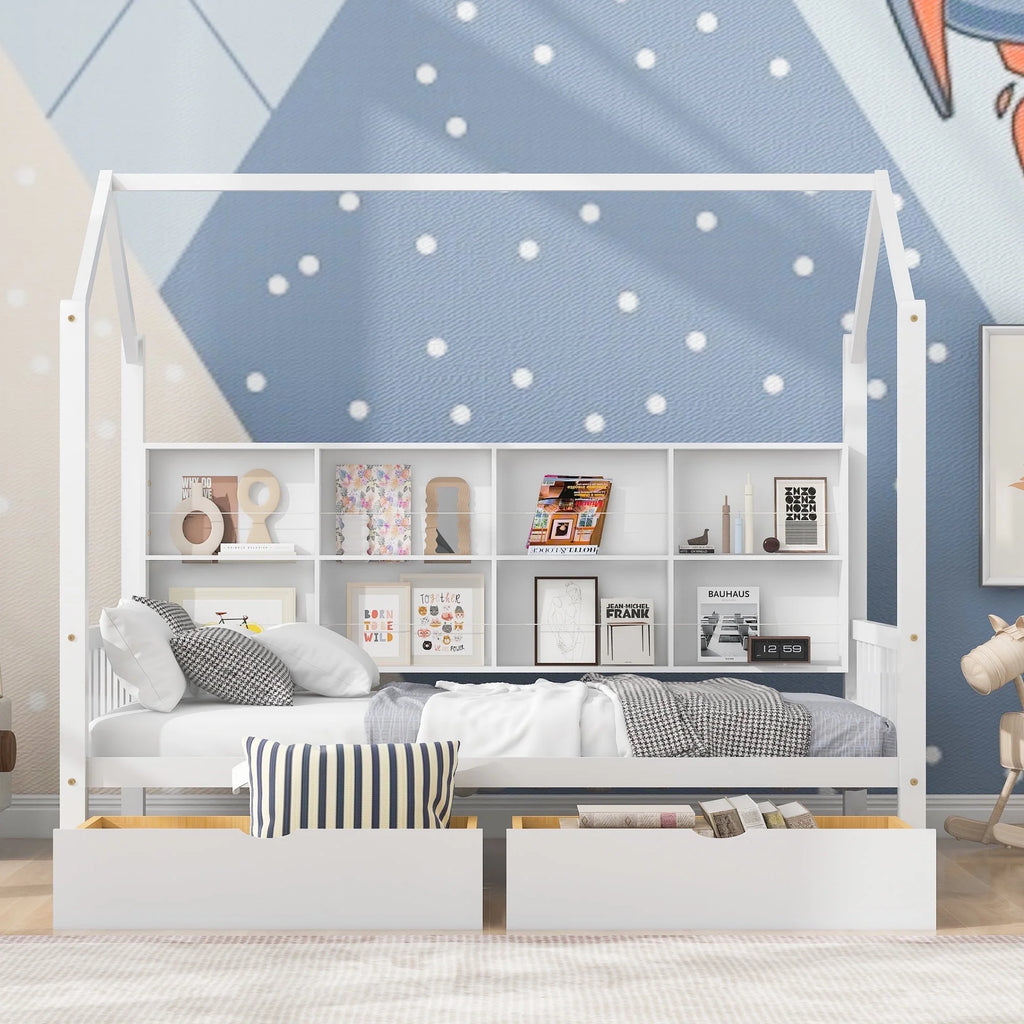 White Twin House Bed with Storage Drawers and Shelves J4041