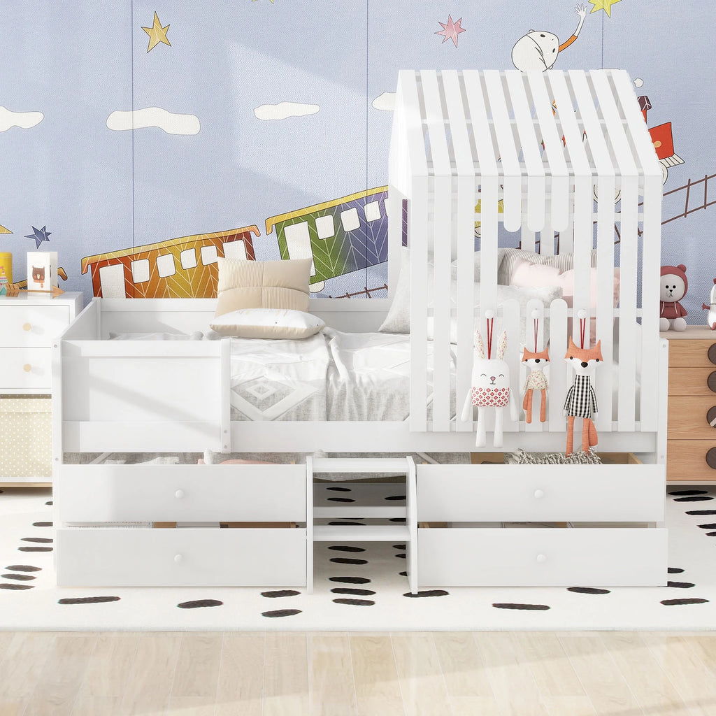 Full Size White Wooden Low Loft Bed with 4 Storage Drawers A1762