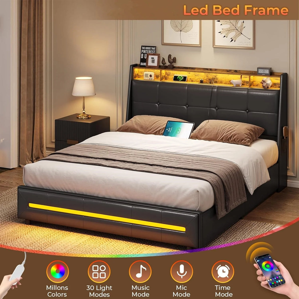 Black Queen Size Upholstered Platform Bed Frame with 4 Drawers A440047