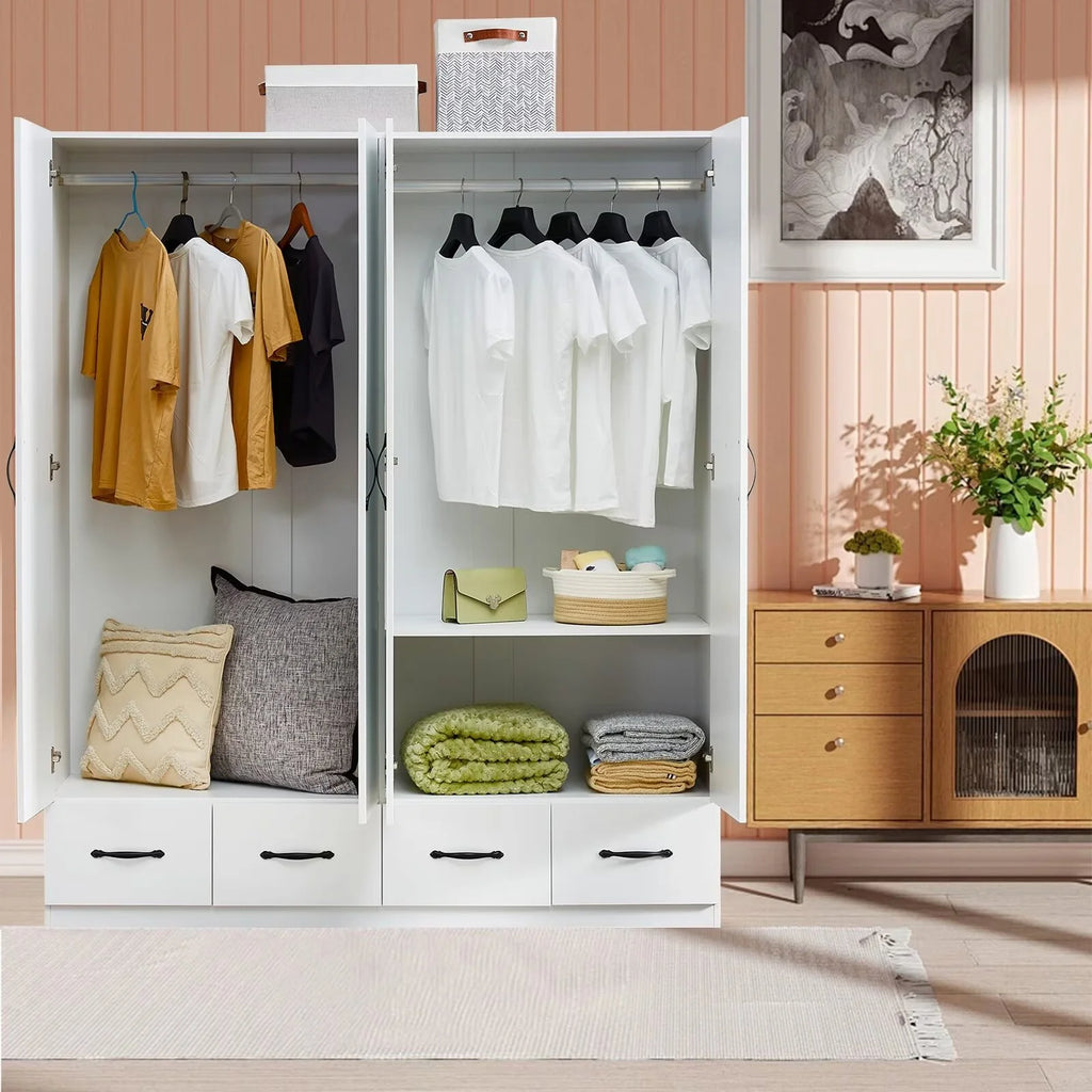 White 4-Door Wardrobe Armoire with Mirror, 2 Hanging Rods & 4 Drawers T534