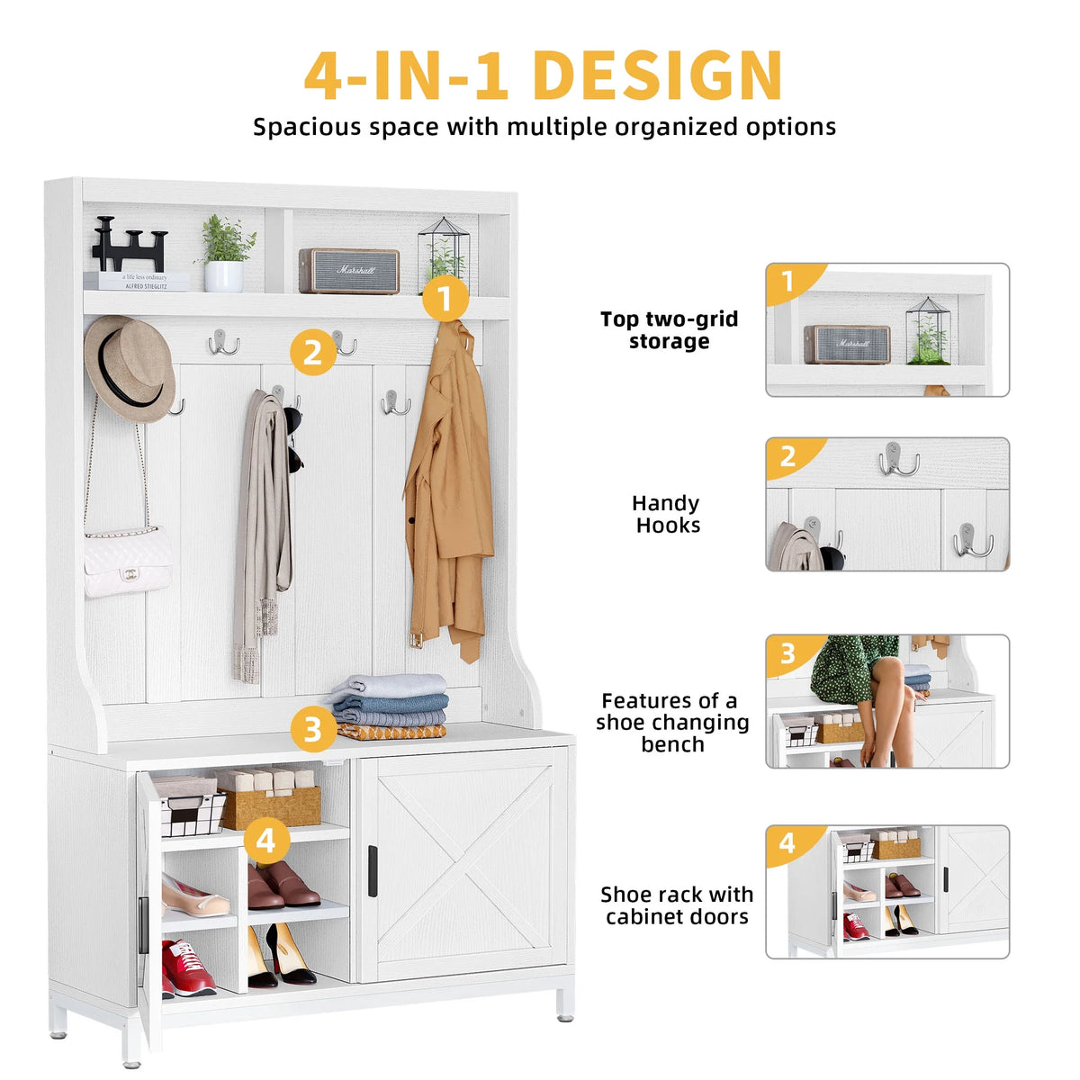 White Hall Tree with Storage Bench and 14 Hooks W72370
