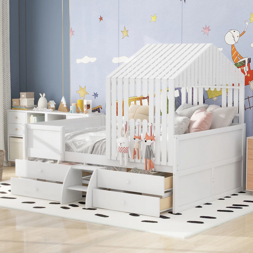 Full Size White Wooden Low Loft Bed with 4 Storage Drawers A1762