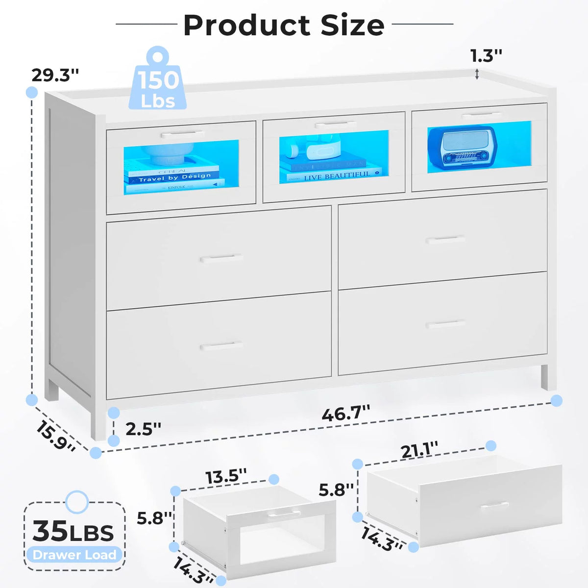 White 7 Drawer Dresser with LED Lights I476