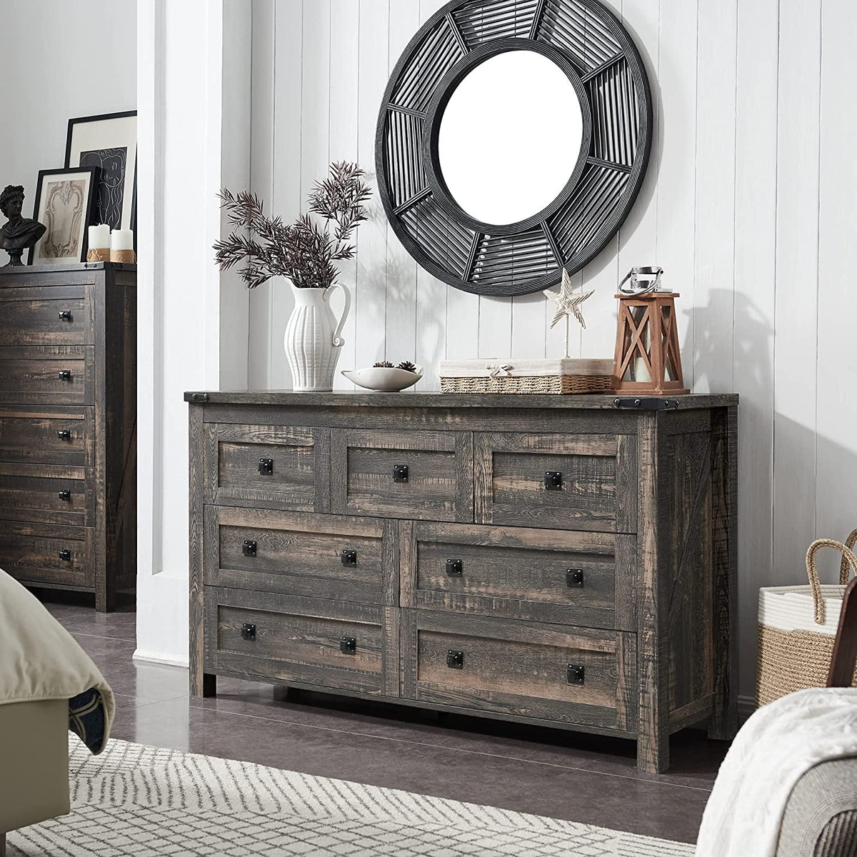 Light Rustic Oak 7 Drawer Dresser Storage Cabinet U961