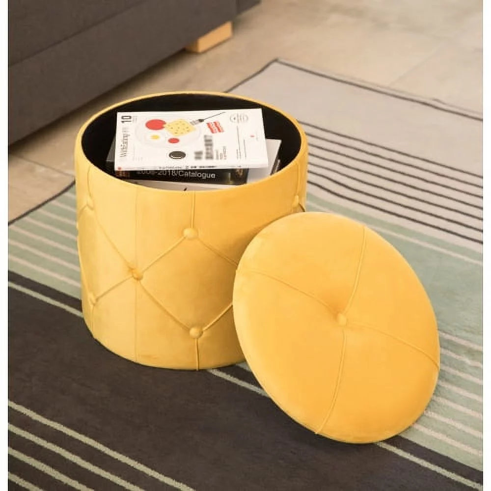 Round Wooden Velvet Ottoman Stool with Lid N686393