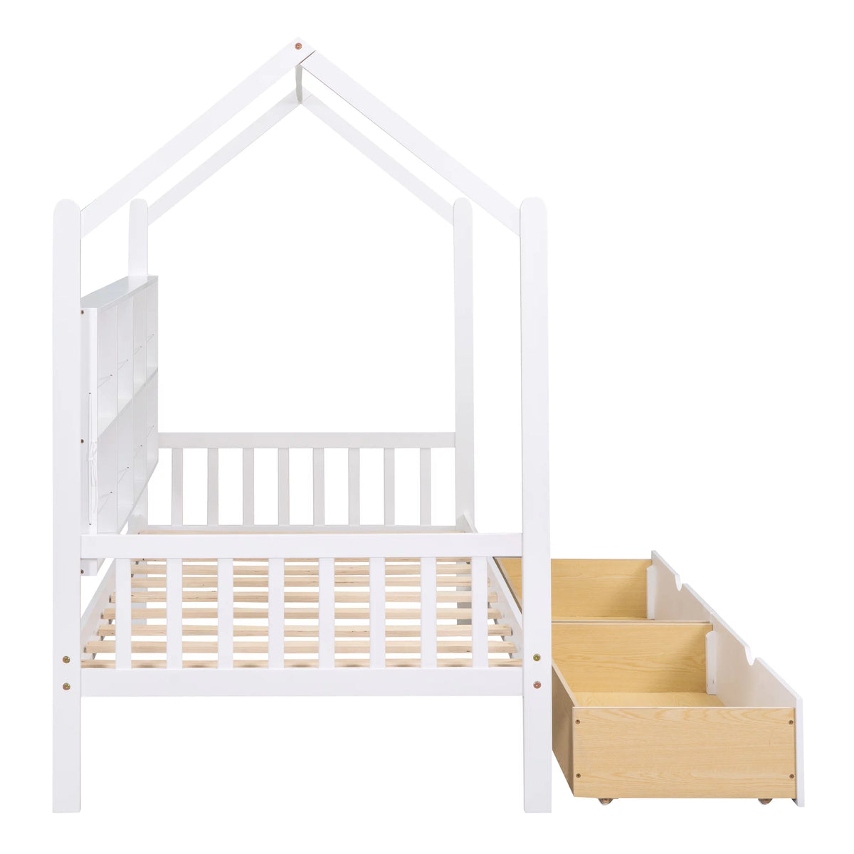 White Twin House Bed with Storage Drawers and Shelves J4041
