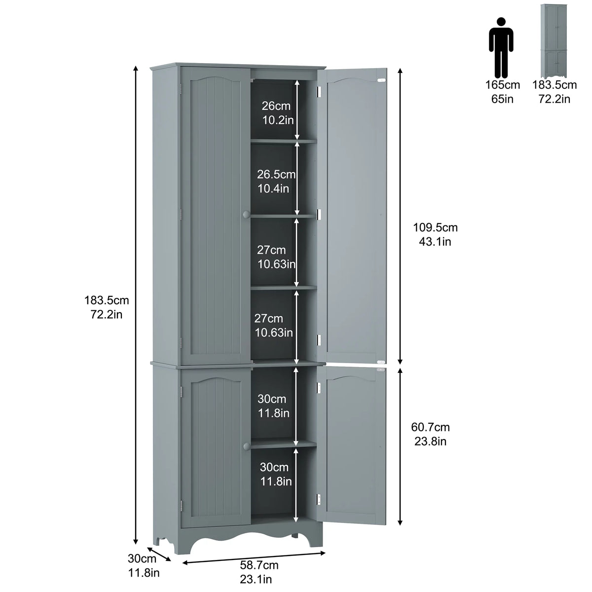 72" H Freestanding Tall Pantry Cabinet with 2 Large Cabinets and Adjustable Shelves R93938