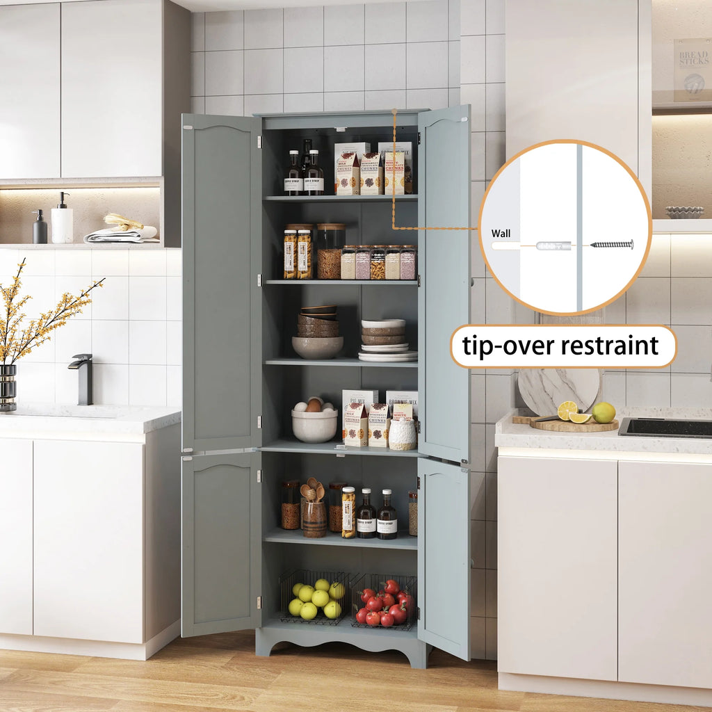 72" H Freestanding Tall Pantry Cabinet with 2 Large Cabinets and Adjustable Shelves R93938