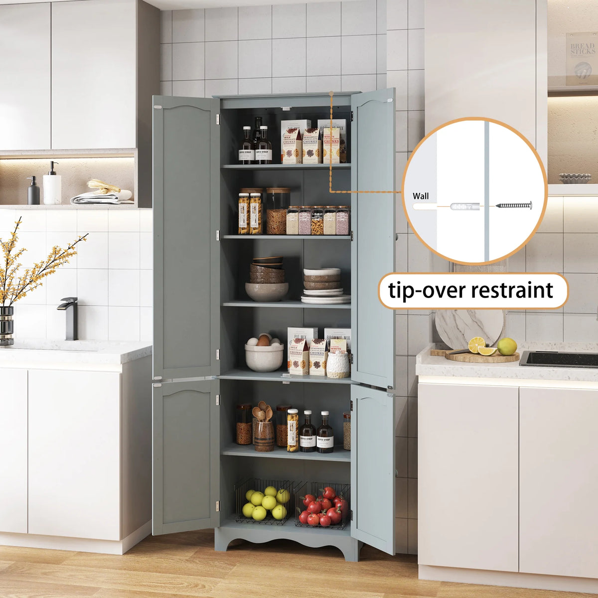 72" H Freestanding Tall Pantry Cabinet with 2 Large Cabinets and Adjustable Shelves R93938