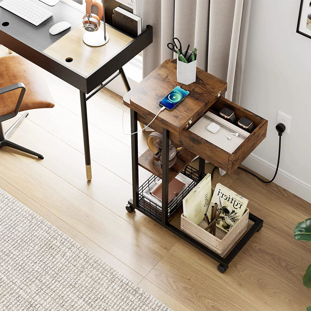 C Shaped End Table with Charging Station and 3 Tier Storage Shelf V51786