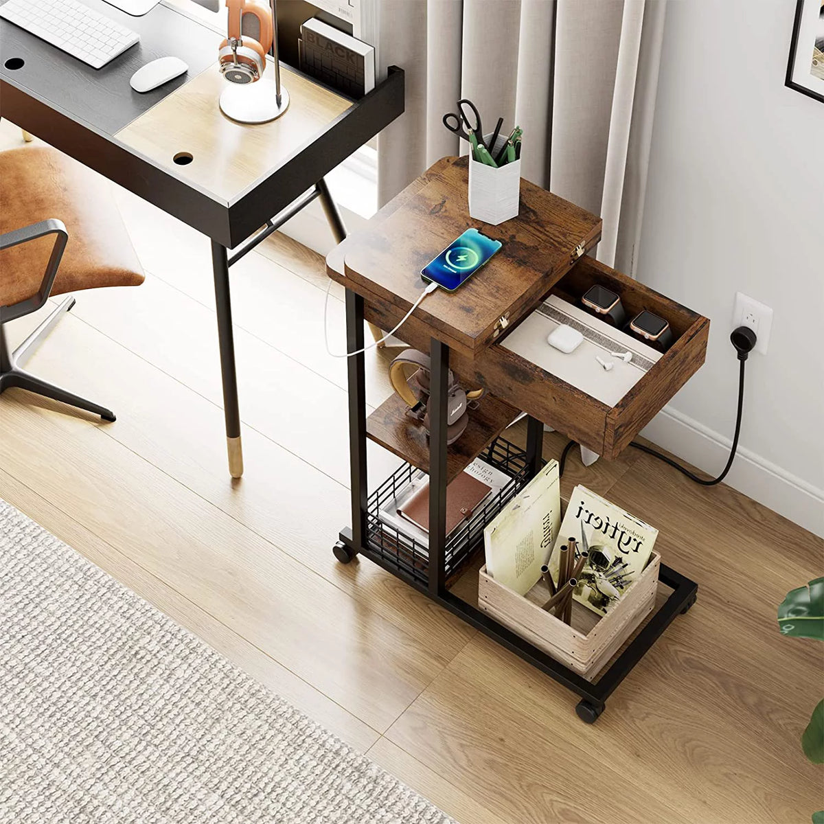 C Shaped End Table with Charging Station and 3 Tier Storage Shelf V51786