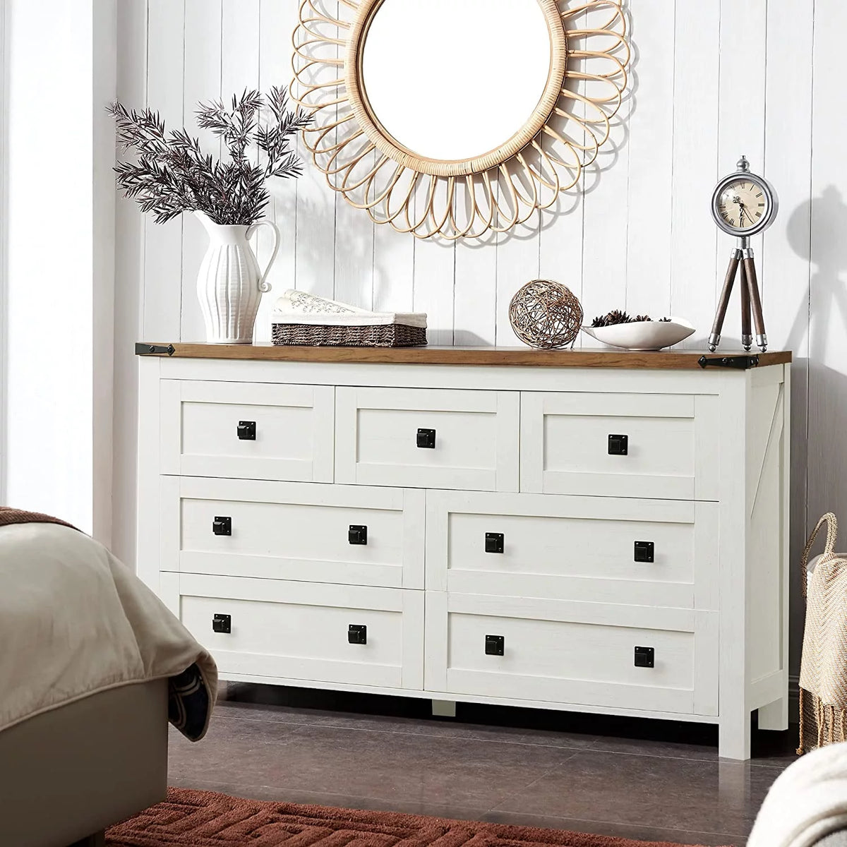 Light Rustic Oak 7 Drawer Dresser Storage Cabinet U961