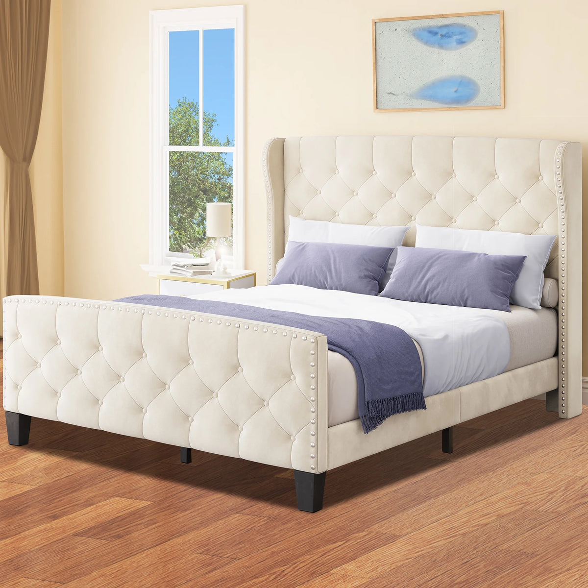 Queen Size Velvet Upholstered Platform Bed Frame with Headboard O36420