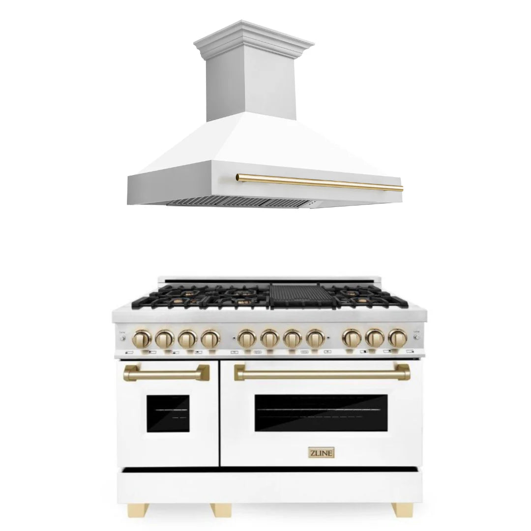 48 In. Dual Fuel Range and Range Hood with White Matte Door and Gold Accents F648536