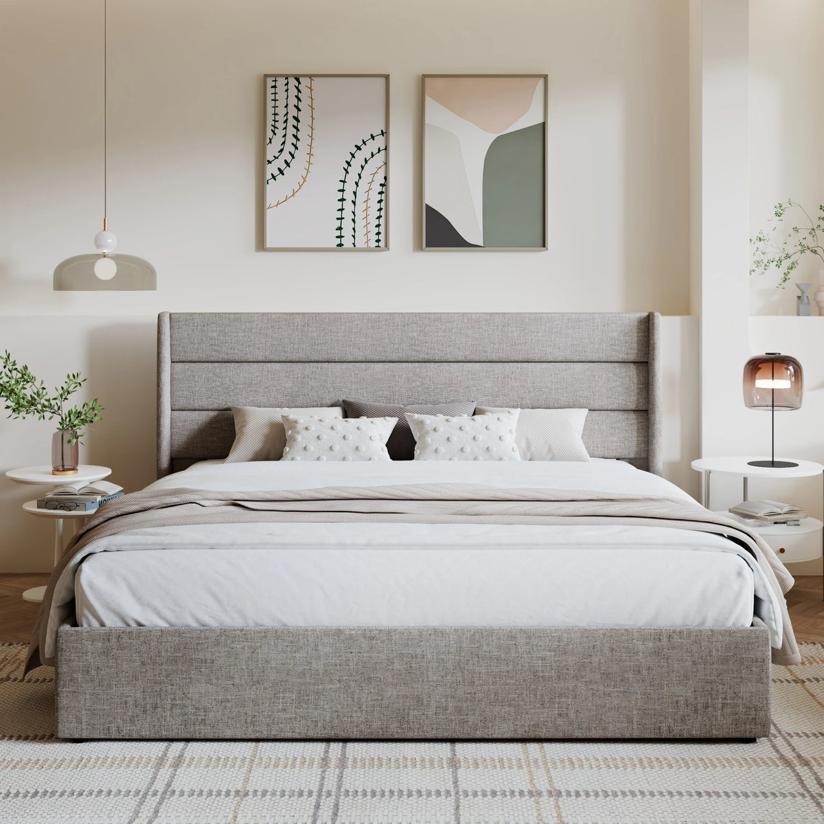 King Size Beige Upholstered Storage Platform Bed Frame with Wingback Headboard I54816