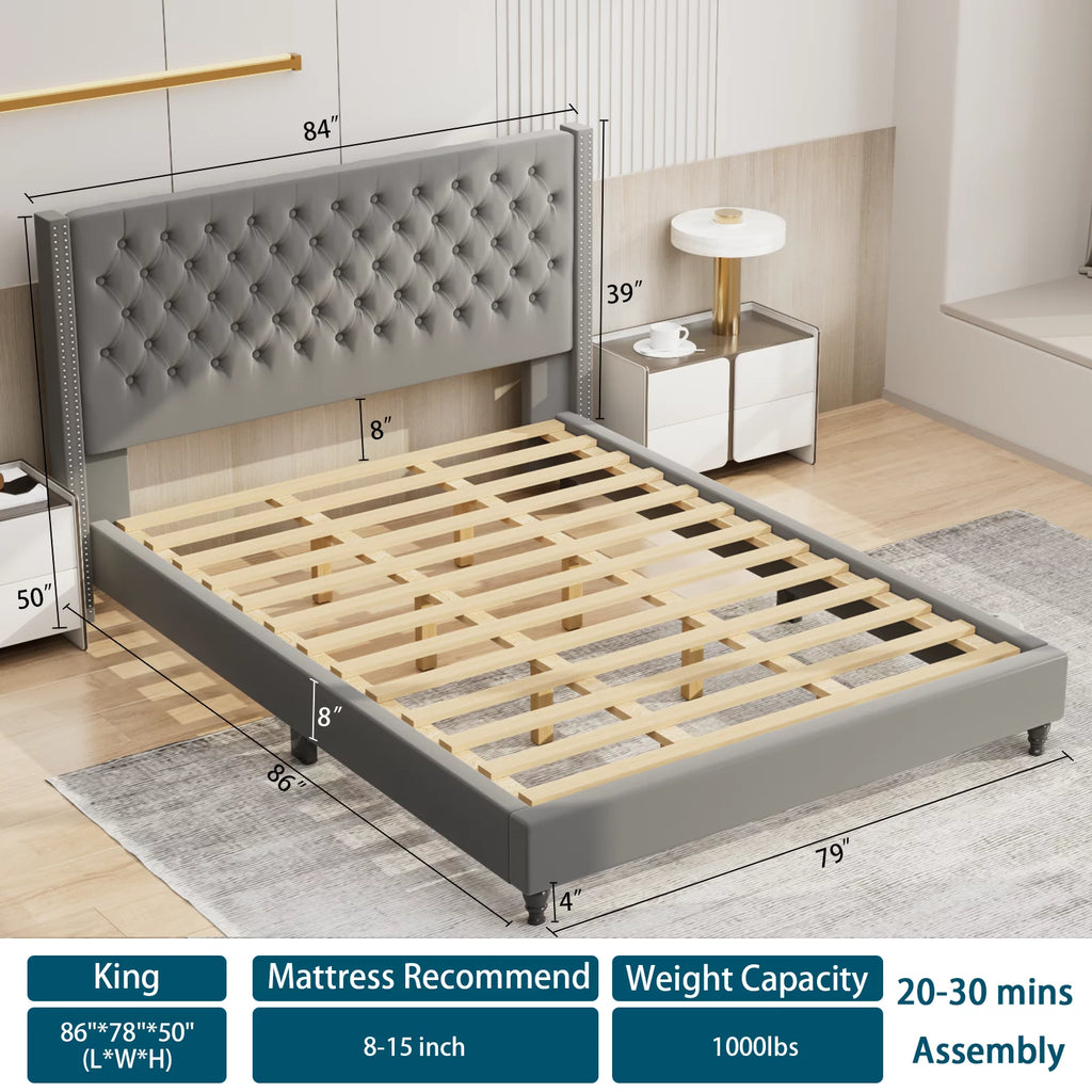 King Upholstered Tufted Platform Bed with Wooden Slats Gray G988
