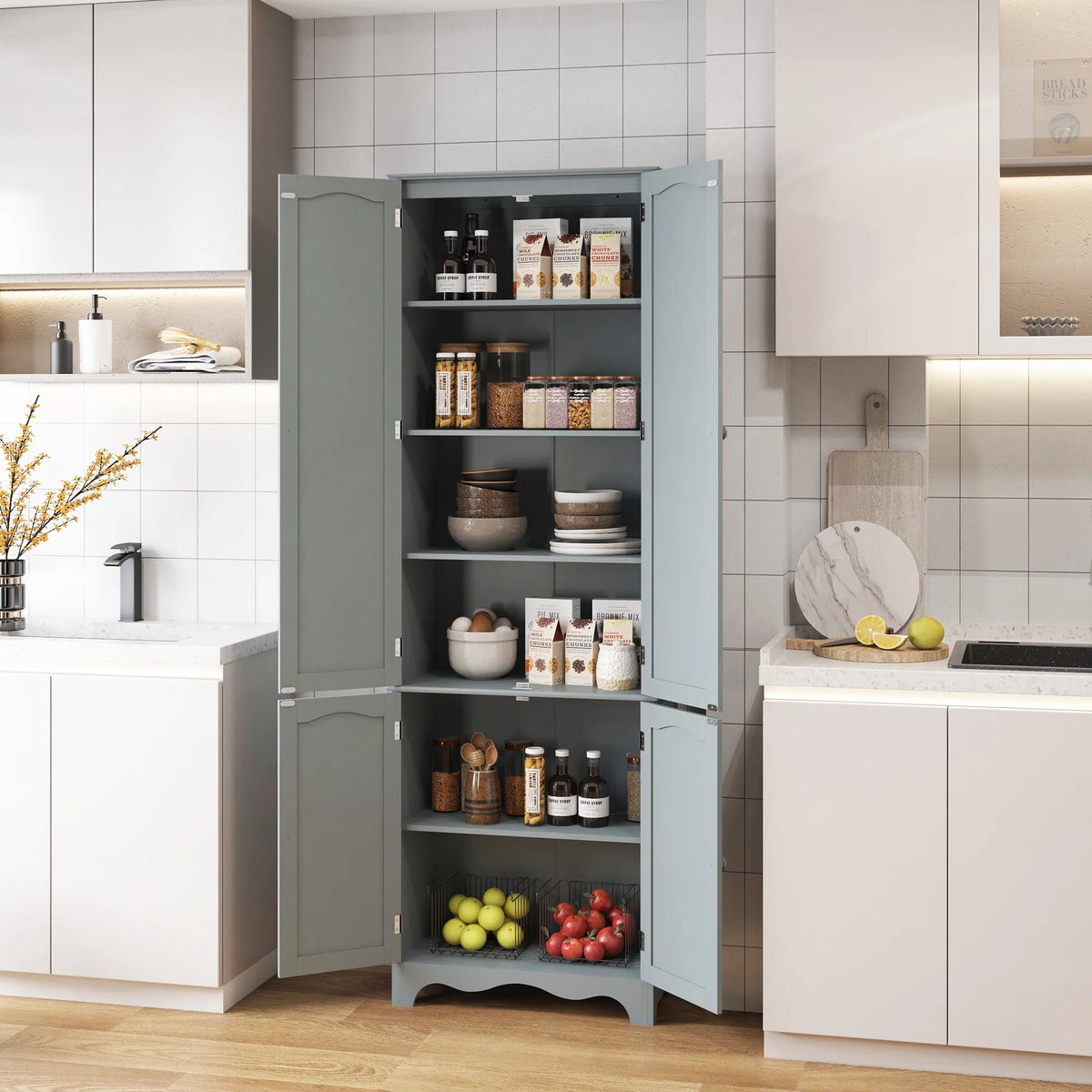 72" H Freestanding Tall Pantry Cabinet with 2 Large Cabinets and Adjustable Shelves R93938