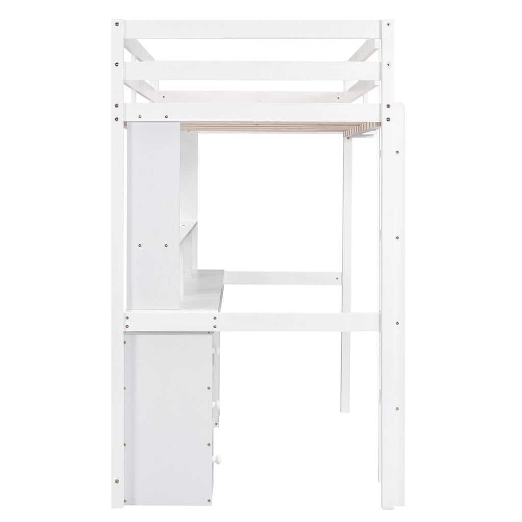 White Twin Size Loft Bed with Built-in Desk and 3 Drawers S8746
