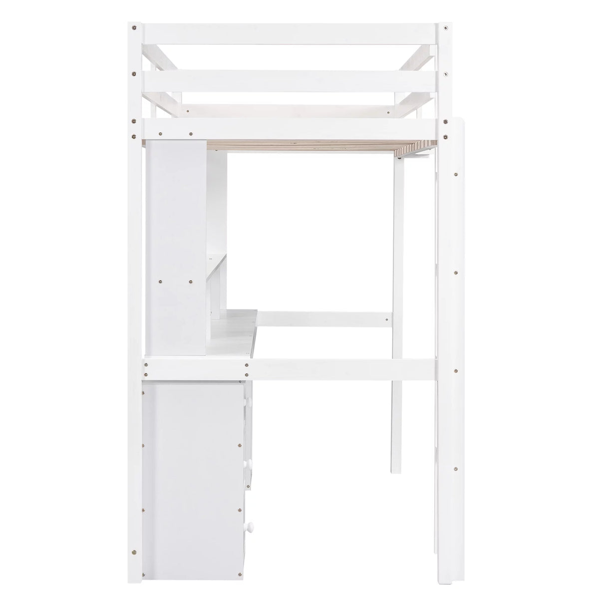 White Twin Size Loft Bed with Built-in Desk and 3 Drawers S8746