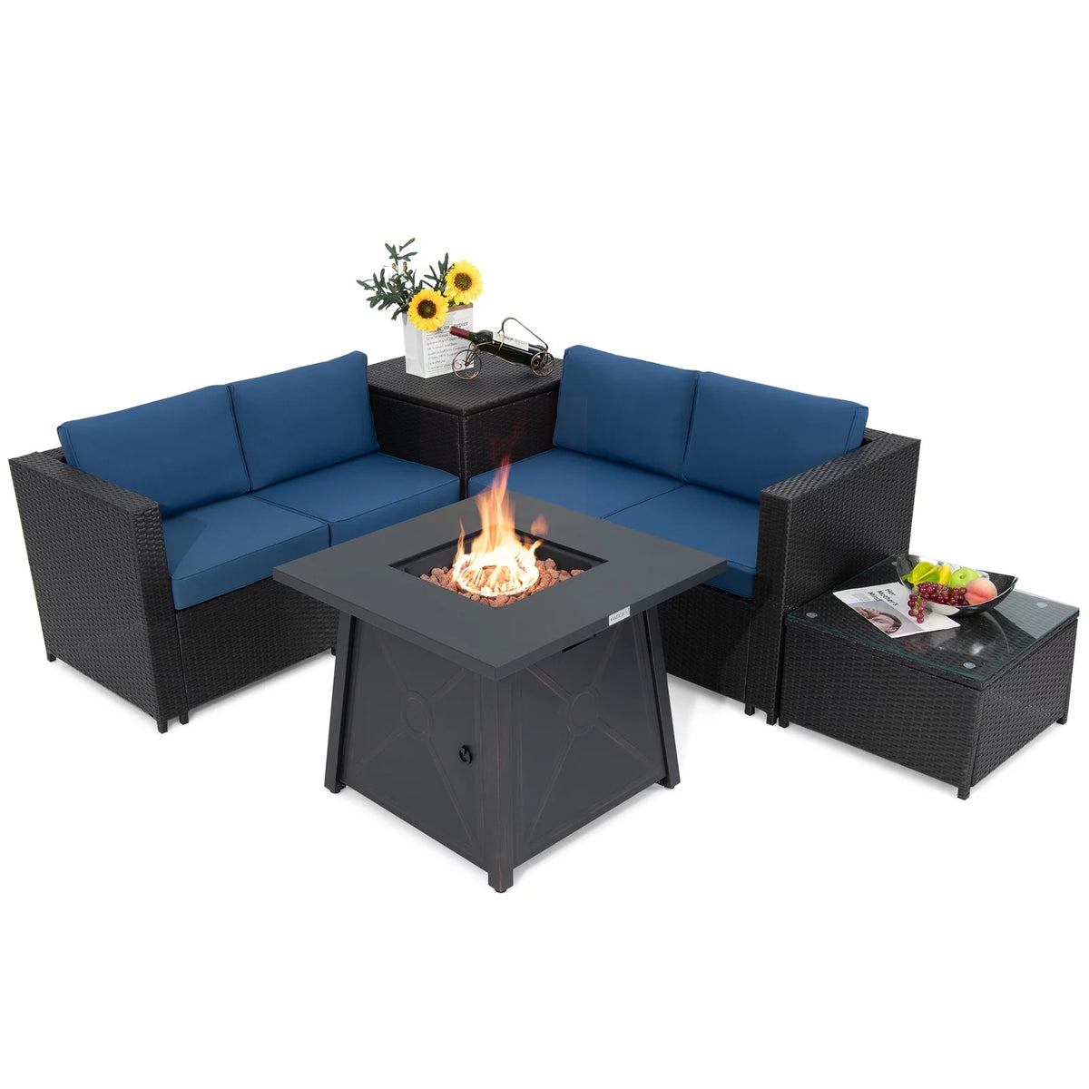 5-Piece PE Wicker Patio Furniture Set with Fire Pit Table G8295