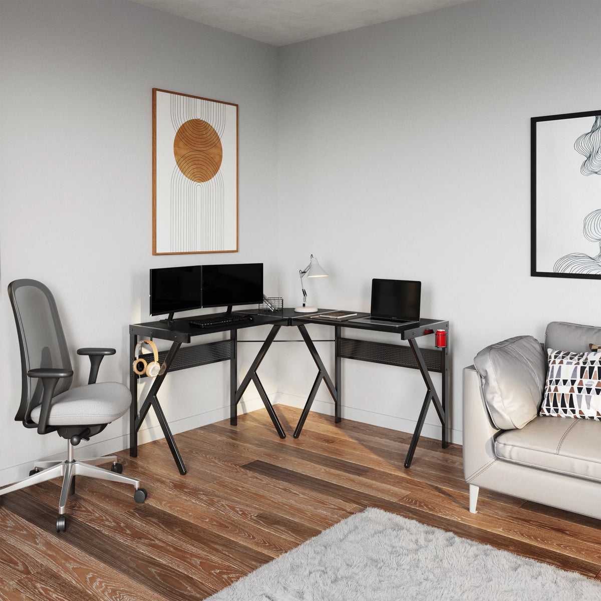 L Shaped Computer Desk with Headphone and Cup Holder Black P7840