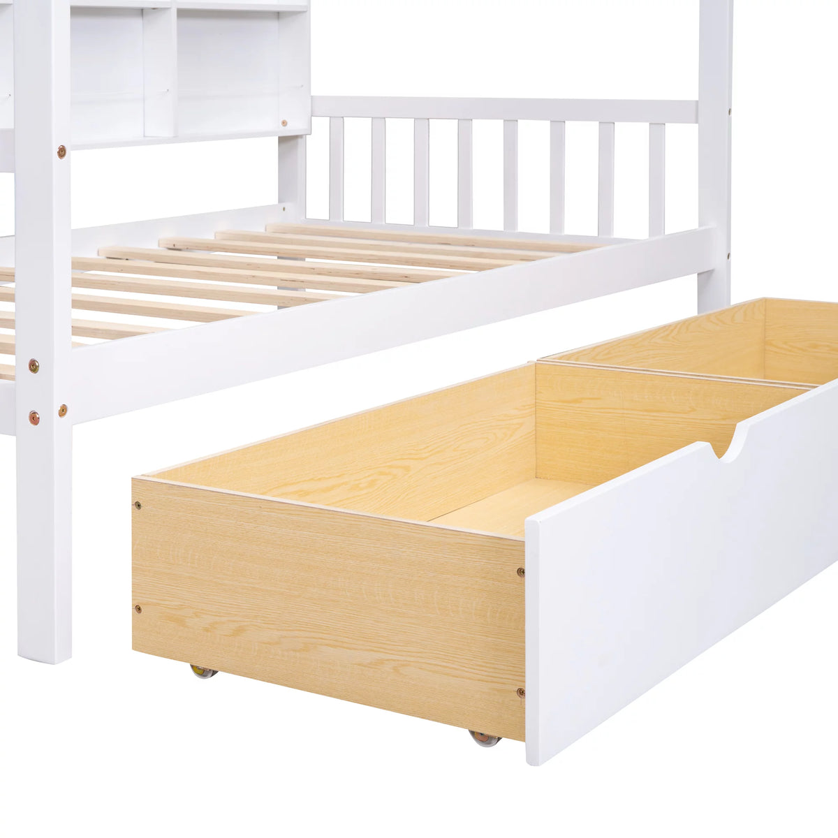 White Twin House Bed with Storage Drawers and Shelves J4041