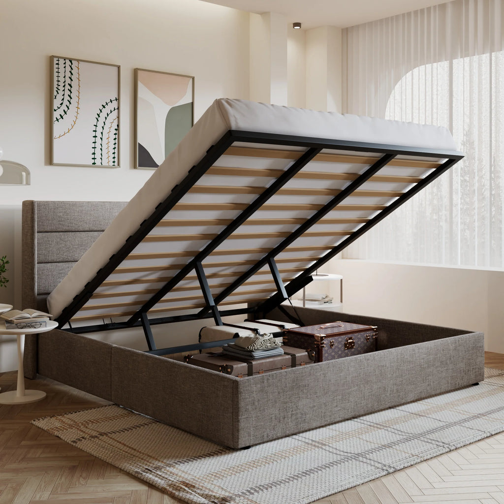 King Size Beige Upholstered Storage Platform Bed Frame with Wingback Headboard I54816