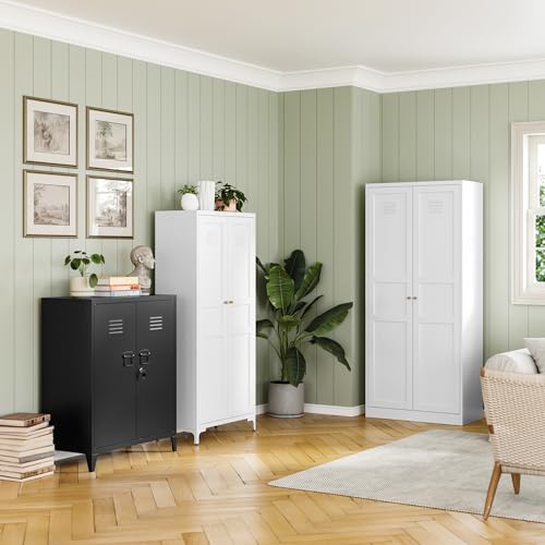 White 5 Tier Metal Storage Cabinet with 2 Doors and 4 Adjustable Shelves H674