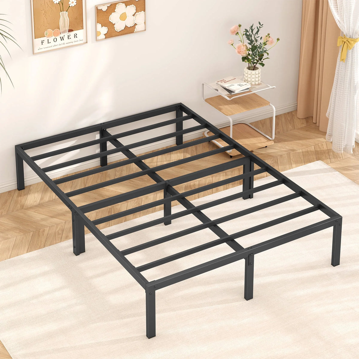 Heavy Duty Queen Size Metal Platform Bed Frame with 14 inch Under Bed Storage, Black B895